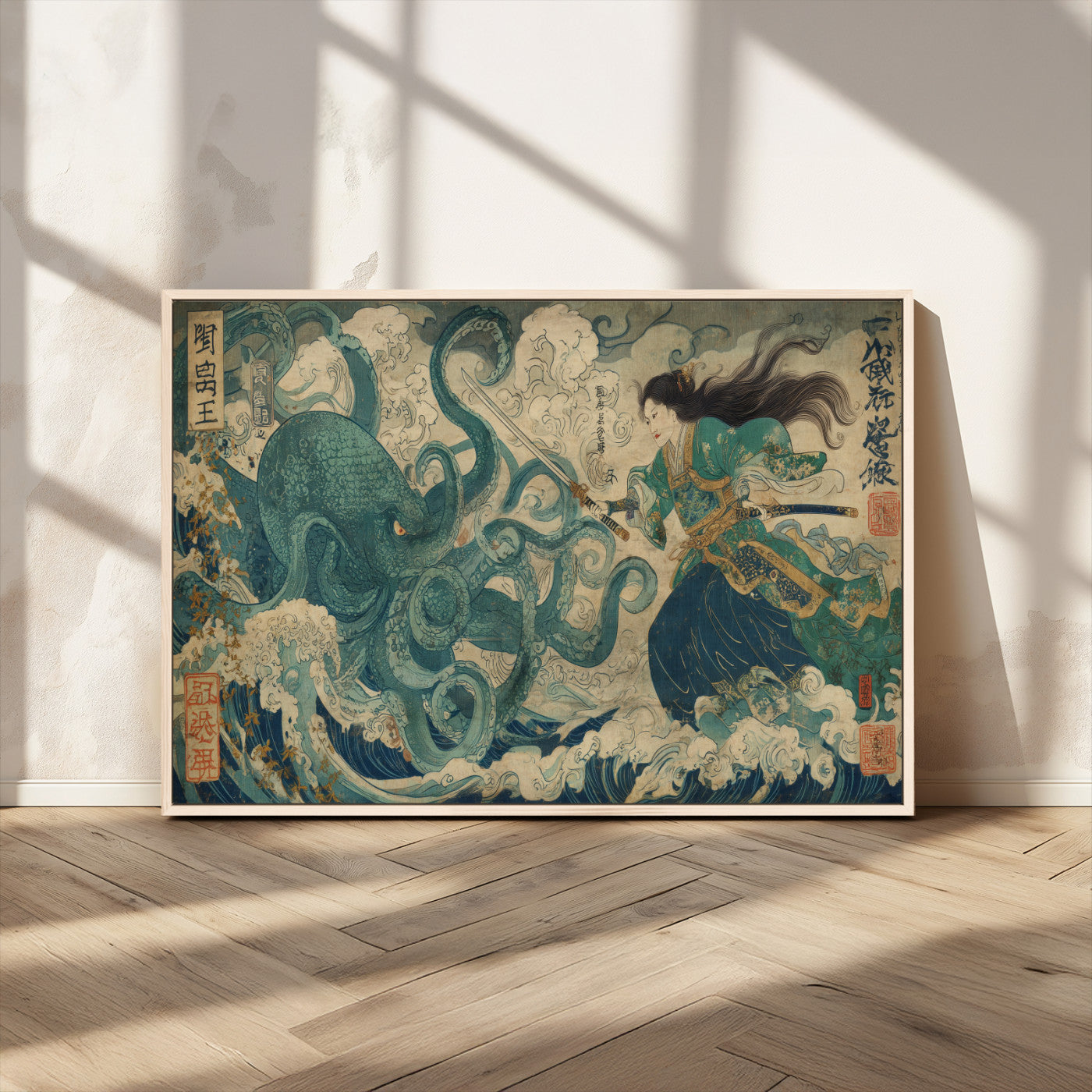 Tsukioka Yoshitoshi Samurai Wall Art Print, Japanese Katana Warrior Canvas Wall Art, Octopus Sea Monster Canvas Print,