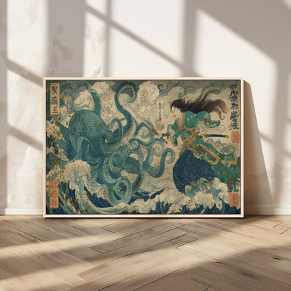 Tsukioka Yoshitoshi Samurai Wall Art Print, Japanese Katana Warrior Canvas Wall Art, Octopus Sea Monster Canvas Print,