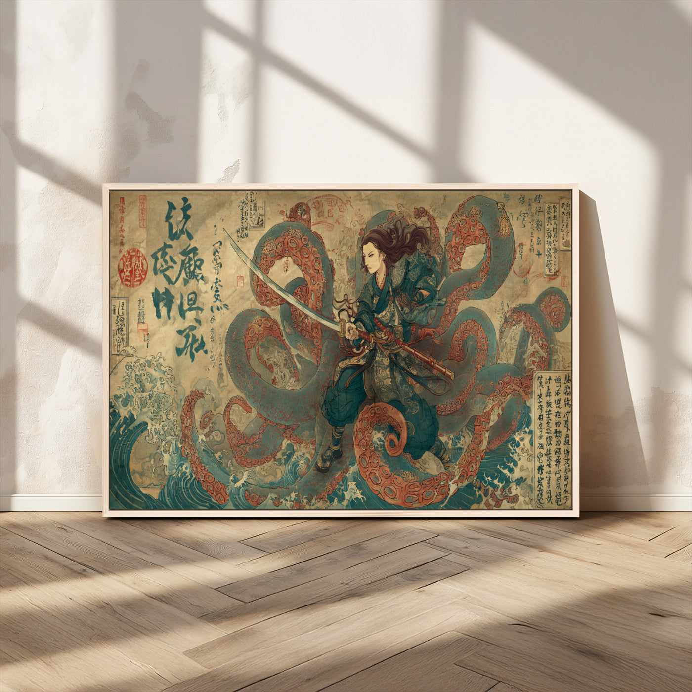 Tsukioka Yoshitoshi Samurai Wall Art Print, Japanese Katana Warrior Canvas Wall Art, Octopus Sea Monster Canvas Print,
