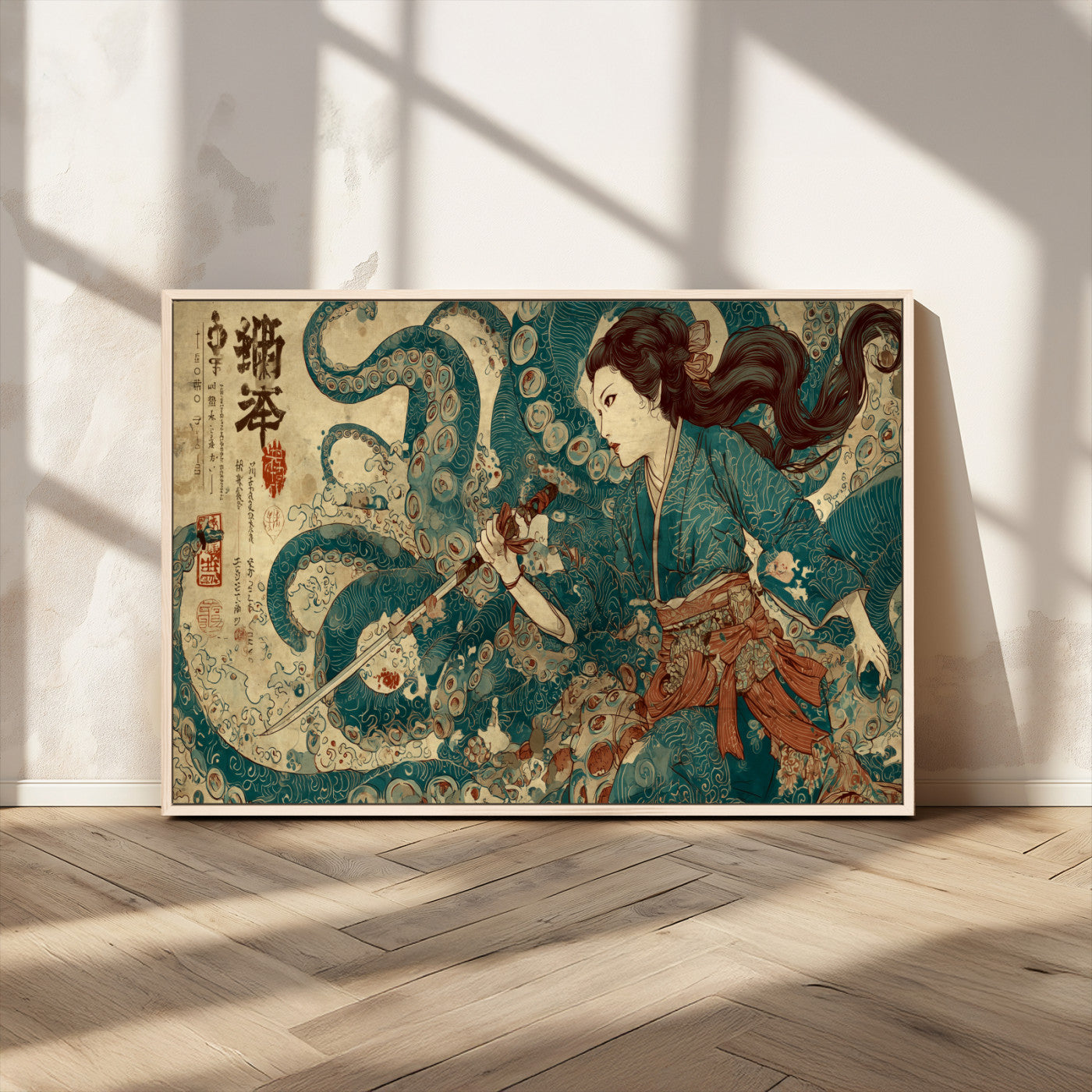 Tsukioka Yoshitoshi Samurai Wall Art Print, Japanese Katana Warrior Canvas Wall Art, Octopus Sea Monster Canvas Print,