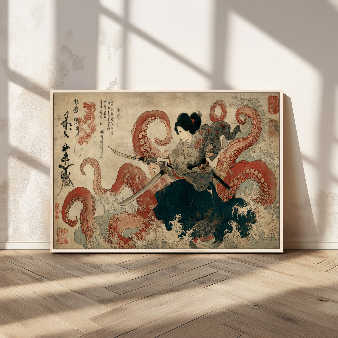 Tsukioka Yoshitoshi Samurai Wall Art Print, Japanese Katana Warrior Canvas Wall Art, Octopus Sea Monster Canvas Print,