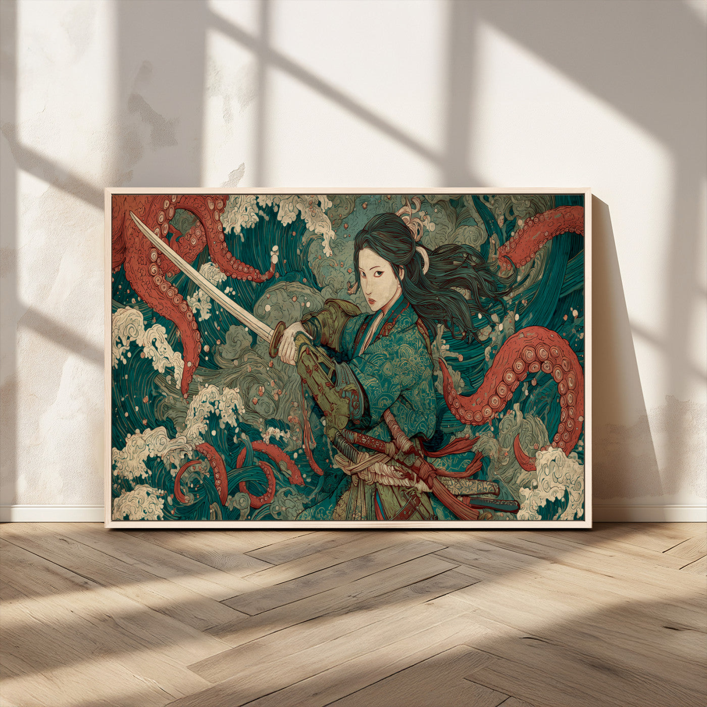 Tsukioka Yoshitoshi Samurai Wall Art Print, Japanese Katana Warrior Canvas Wall Art, Octopus Sea Monster Canvas Print,