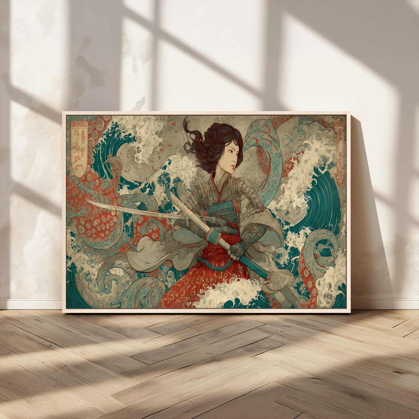 Tsukioka Yoshitoshi Samurai Wall Art Print, Japanese Katana Warrior Canvas Wall Art, Octopus Sea Monster Canvas Print,