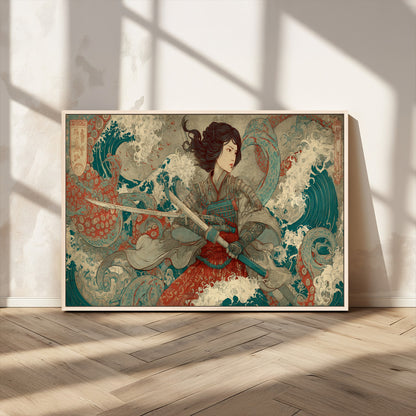 Tsukioka Yoshitoshi Samurai Wall Art Print, Japanese Katana Warrior Canvas Wall Art, Octopus Sea Monster Canvas Print,
