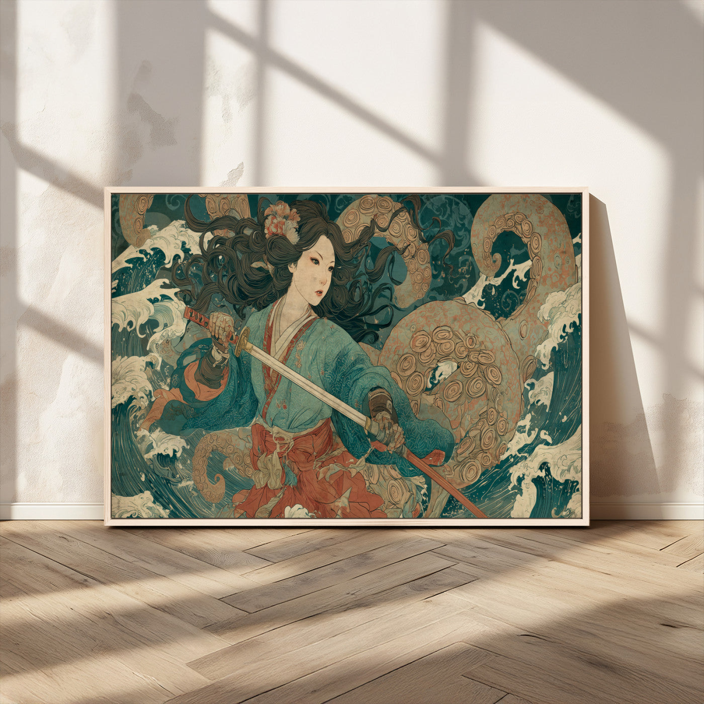Tsukioka Yoshitoshi Samurai Wall Art Print, Japanese Katana Warrior Canvas Wall Art, Octopus Sea Monster Canvas Print,
