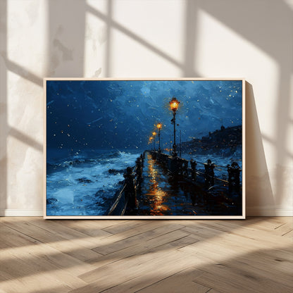 "Impressionistic painting of a rainy pier at night with glowing street lamps reflecting on the wet surface, ocean waves crashing under a dark blue sky."