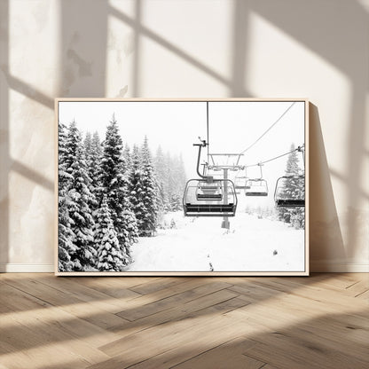 Black and white canvas of empty ski lifts over a snowy pine forest, perfect for minimal winter or ski lodge-inspired decor.