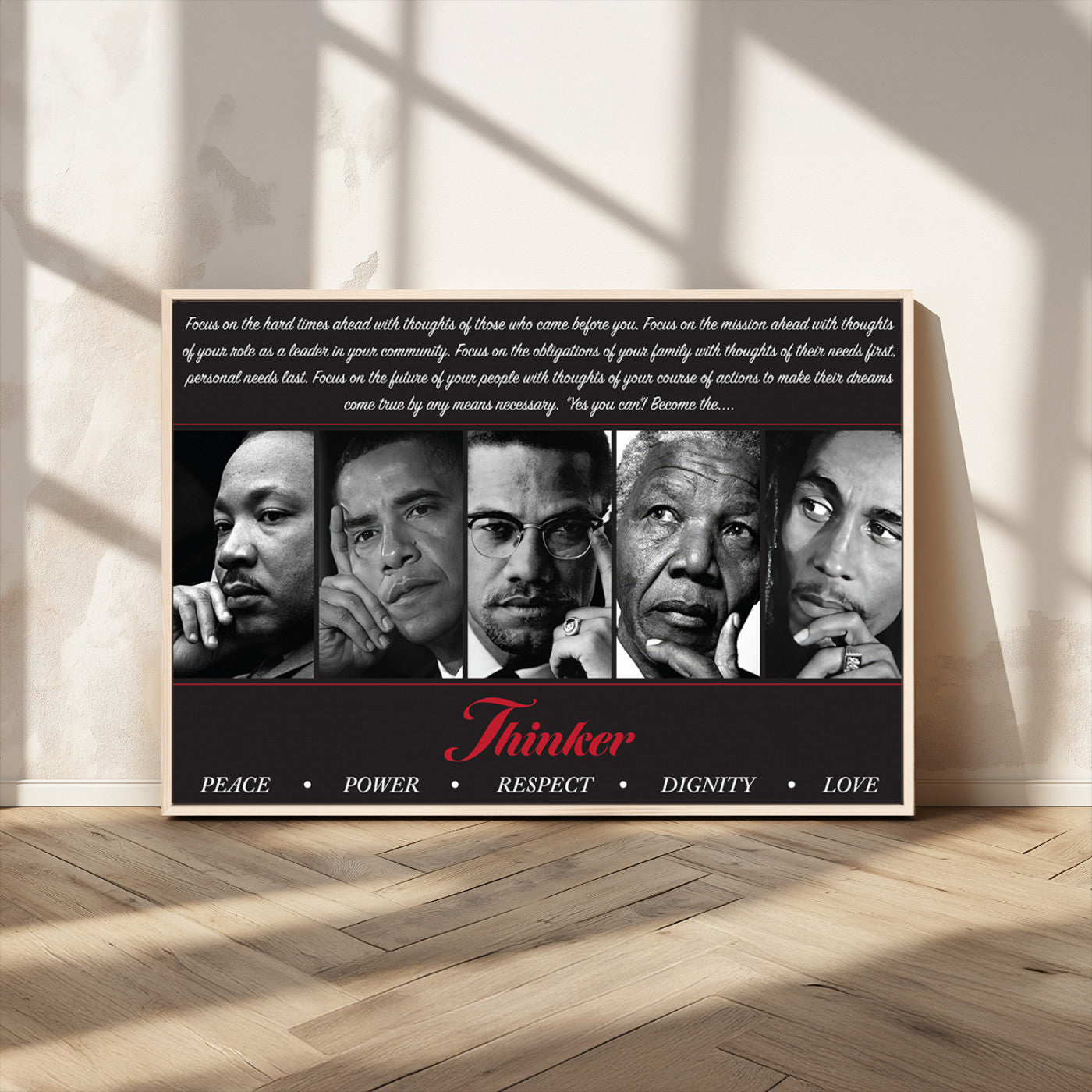 Monochrome canvas of iconic Black leaders with a powerful quote, perfect for modern spaces with a cultural or motivational theme.