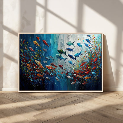 Colorful painting of fish swimming in abstract ocean swirls, perfect for vibrant marine-themed or expressive coastal home decor.