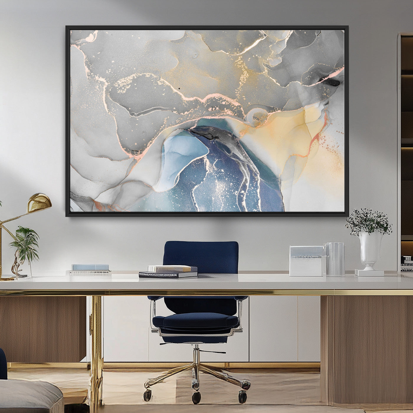 63211-MGV-FC-36X24_Black-Abstract Fluid Art Wall Decor – Blue, Gray & Gold Canvas Print, Modern Home and Office Wall Art Decor for Living Room, Bedroom or Workspace