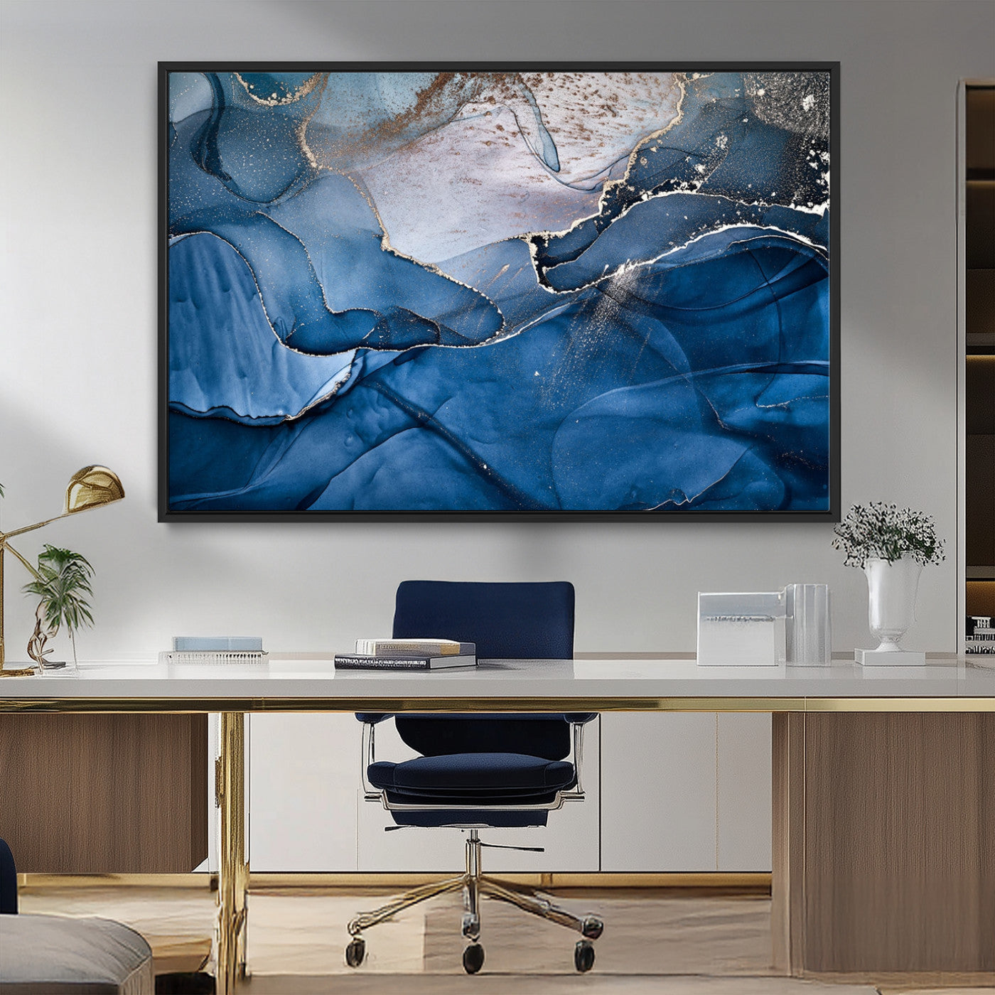 -Abstract Blue Gold Fluid Art Wall Decor – Modern Canvas Print, Elegant Home & Office Wall Art, Stylish Living Room or Bedroom Decoration