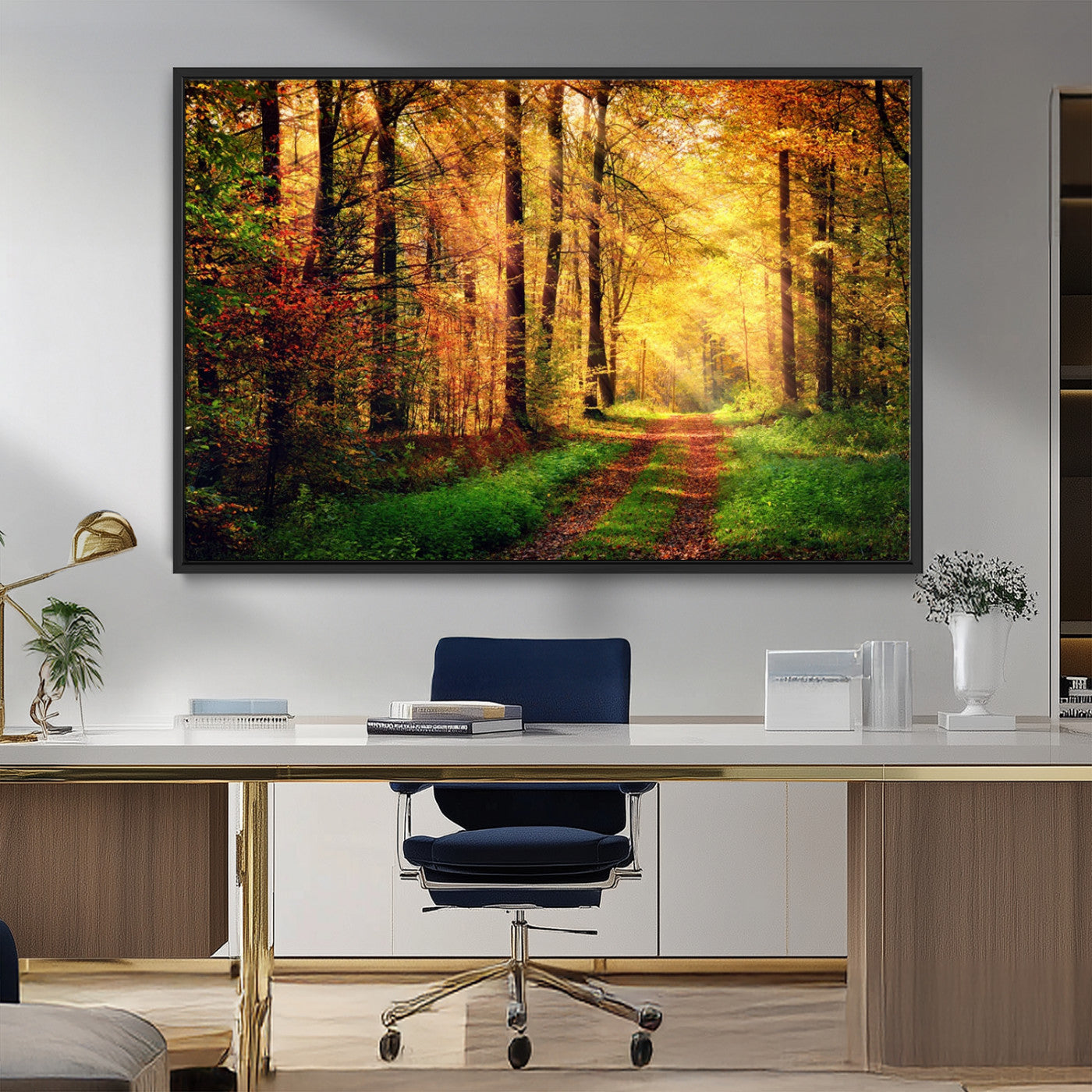 73494-MGV-FC-36X24_Black-Golden Autumn Forest Path Wall Art – Sunlit Woodland Canvas Print, Fall Nature Landscape Home Decor