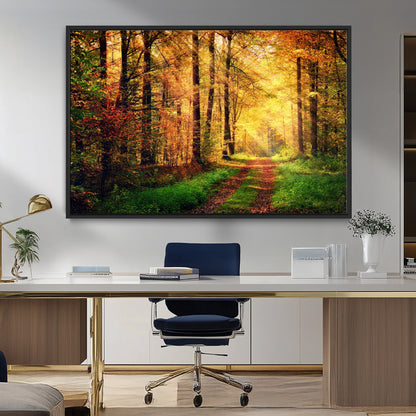 73494-MGV-FC-36X24_Black-Golden Autumn Forest Path Wall Art – Sunlit Woodland Canvas Print, Fall Nature Landscape Home Decor