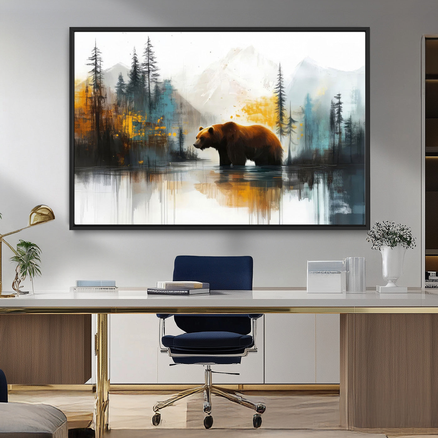 A majestic bear stands by the serene waters of a misty forest, surrounded by towering trees and distant mountains, evoking the raw beauty and wild spirit of nature.
