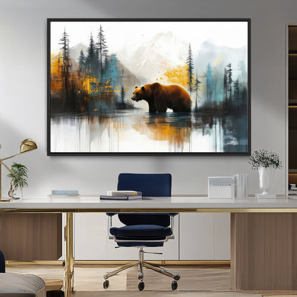 A majestic bear stands by the serene waters of a misty forest, surrounded by towering trees and distant mountains, evoking the raw beauty and wild spirit of nature.