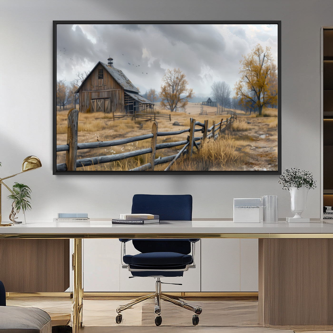 A tranquil rural scene featuring a rustic barn, overcast skies, and golden fields with scattered trees, evoking a sense of peaceful solitude in nature.