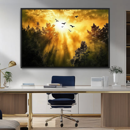 Canvas of a golden forest at sunset with birds flying through glowing sunbeams and silhouetted pine trees, ideal for warm-toned rustic decor.