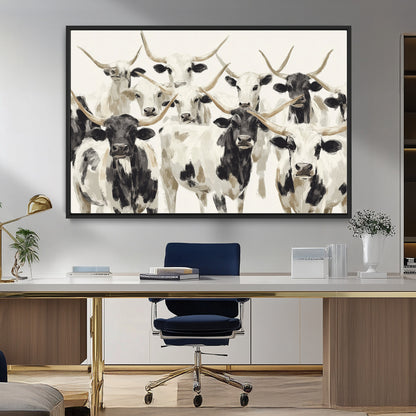 Canvas of a Texas Longhorn cattle herd in neutral black and white tones, ideal for rustic farmhouse or western-themed decor.