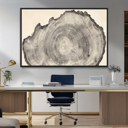 Detailed tree ring drawing in monochrome tones, ideal for rustic or nature-inspired interiors with a minimal decor aesthetic.