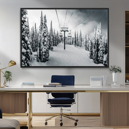 Canvas of a snowy ski lift scene through a forest of tall pine trees, ideal for moody winter or alpine-themed home decor.