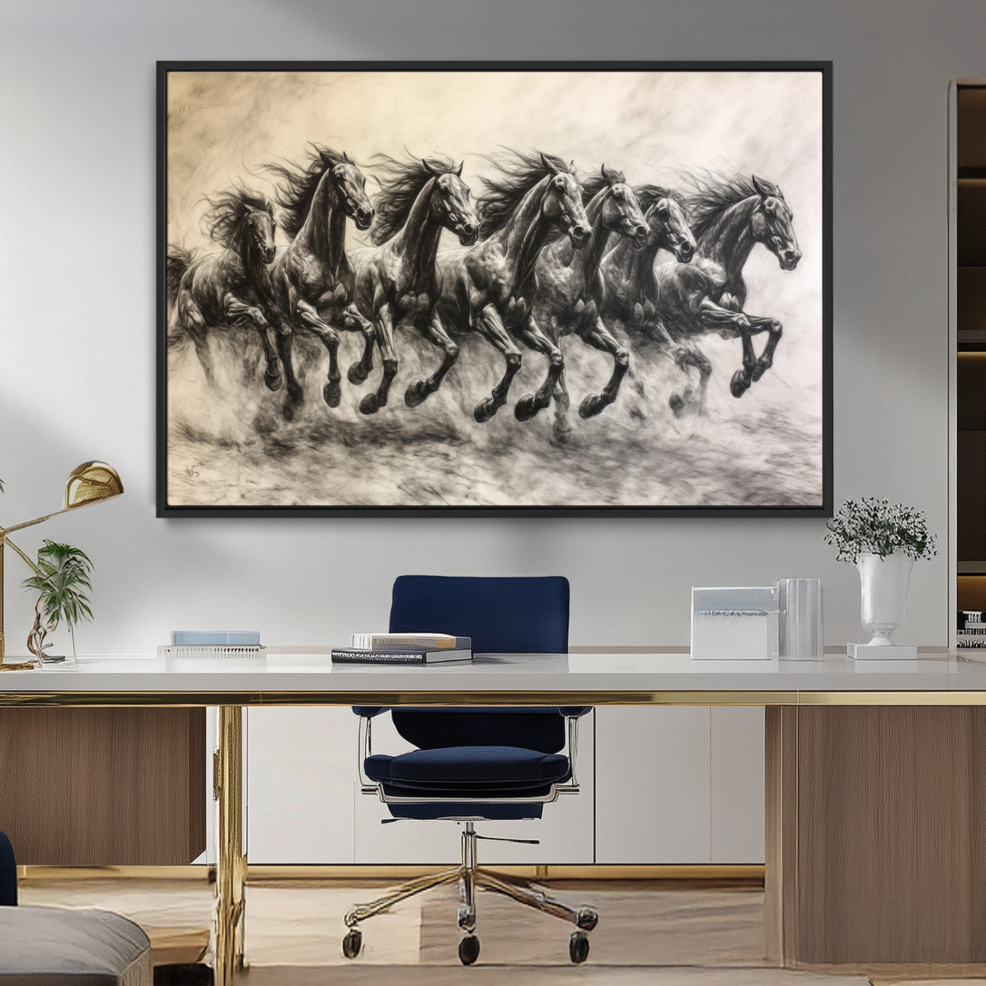Monochrome drawing of a herd of galloping horses, perfect for dynamic and wild-themed decor in any equestrian or nature-inspired room.