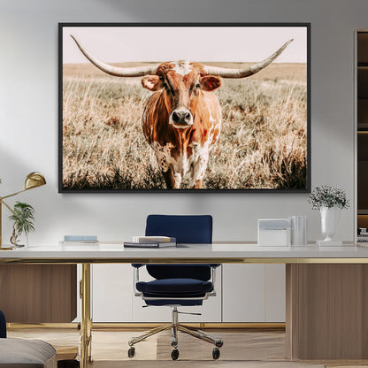 Framed longhorn cow canvas wall art with rustic prairie background, western animal print perfect for farmhouse or ranch style decor