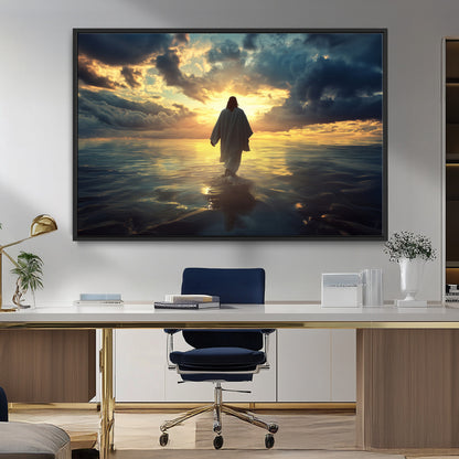 Spiritual artwork of Jesus walking on water at golden hour with divine light, ideal for Christian home decor or prayer room.
