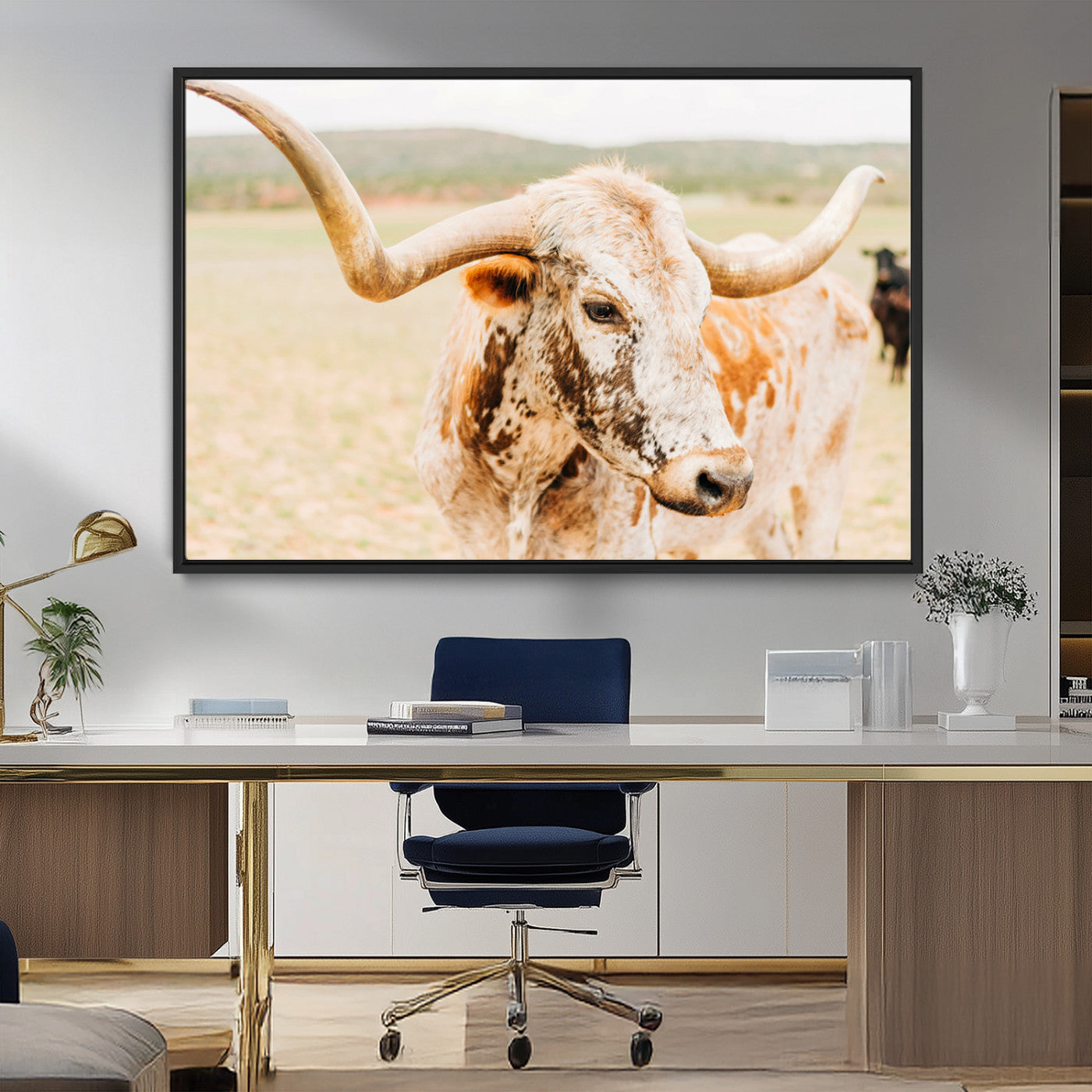 Close-up of a speckled Texas Longhorn in warm prairie tones, perfect for rustic western or countryside-themed room decor.