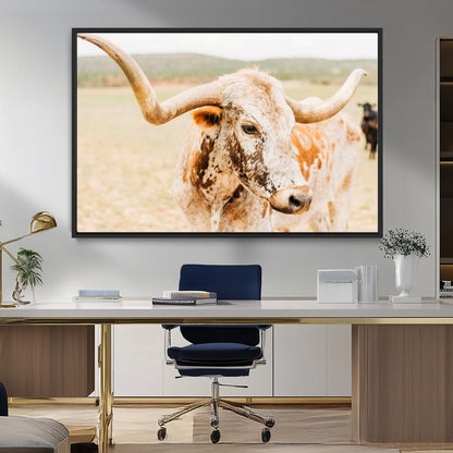 Close-up of a speckled Texas Longhorn in warm prairie tones, perfect for rustic western or countryside-themed room decor.