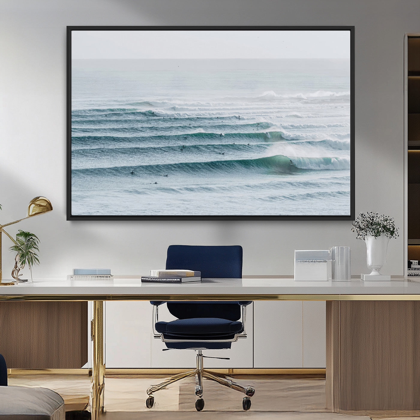 High-angle view of surfers lining up across layered ocean waves, ideal for minimal coastal or surf-inspired room decor.