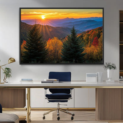 Vibrant sunset over autumn mountains with colorful trees and warm light, ideal for nature lovers or cabin-style wall decor.