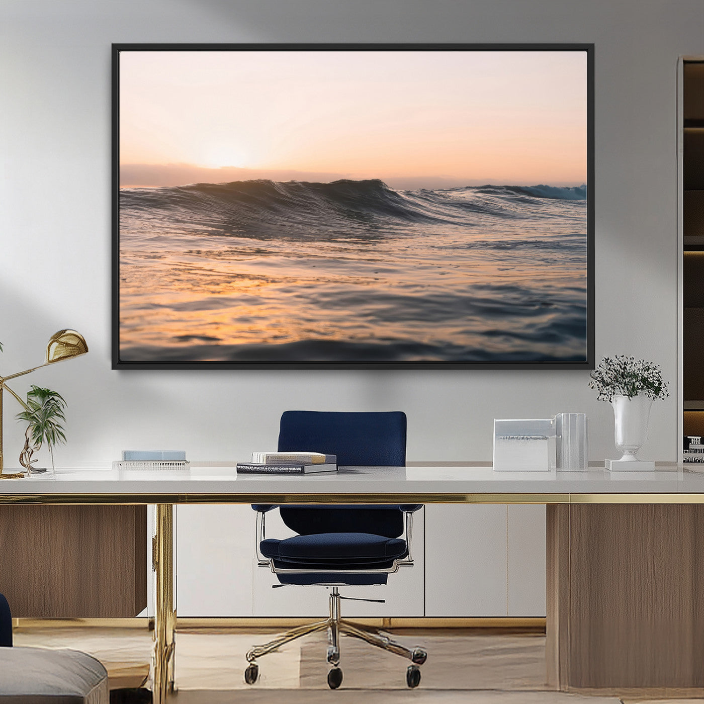 Framed canvas of ocean waves glowing in sunset light, ideal for golden hour calm or peaceful coastal-inspired wall decor.