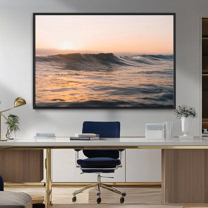 Framed canvas of ocean waves glowing in sunset light, ideal for golden hour calm or peaceful coastal-inspired wall decor.