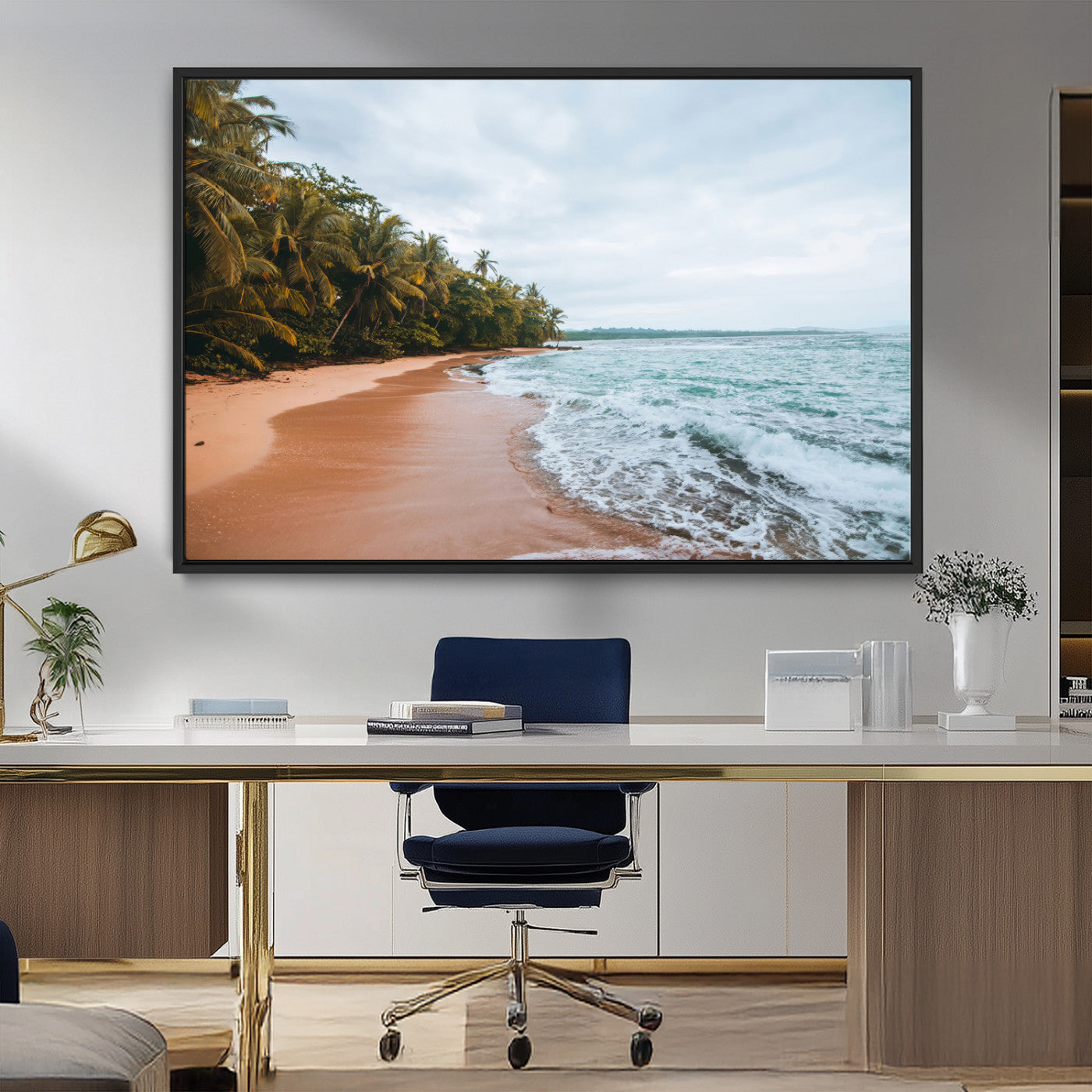 Framed canvas of a tropical beach with palm trees and soft waves, ideal for coastal escape or serene nature-inspired home decor.