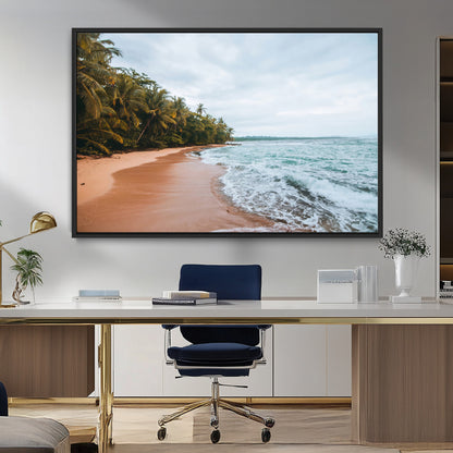 Framed canvas of a tropical beach with palm trees and soft waves, ideal for coastal escape or serene nature-inspired home decor.