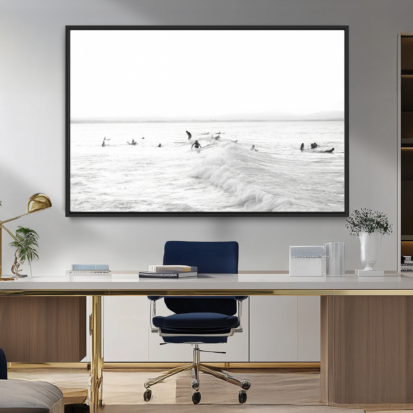 Monochrome photo of surfers riding and waiting on ocean waves, ideal for surf-themed or coastal energy wall decor.