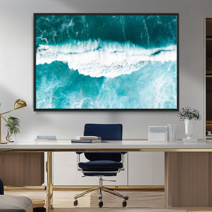 Aerial view of turquoise ocean waves crashing with white foam, perfect for tropical coastal or modern beach-style home decor.