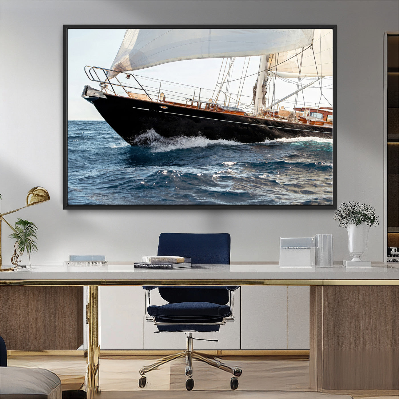 Close-up of a classic sailing yacht with wooden deck and full sails, perfect for nautical or coastal-style decor in ocean-themed spaces.