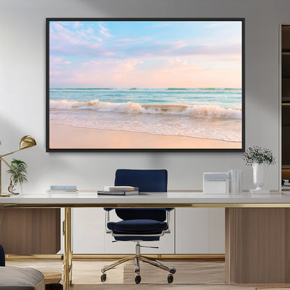 Pastel-toned ocean waves under soft sunset skies, ideal for pastel coastal or serene beach-style home decor.