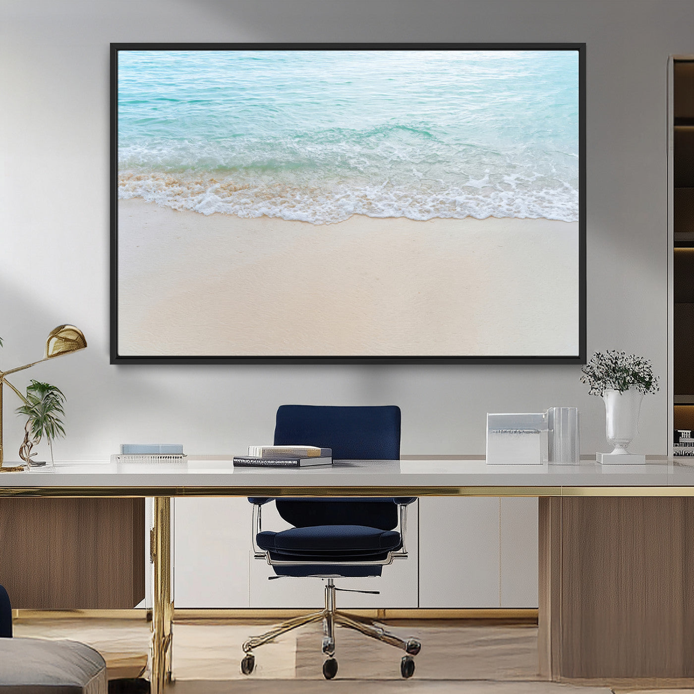 Soft shoreline with gentle aqua waves on smooth sand, ideal for minimalist coastal or pastel ocean-inspired home wall decor.