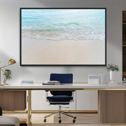 Soft shoreline with gentle aqua waves on smooth sand, ideal for minimalist coastal or pastel ocean-inspired home wall decor.