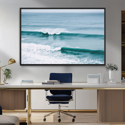 Powerful ocean waves rolling towards the shore, their turquoise hues blending with white sea foam under an open horizon, capturing the essence of the ocean's movement.