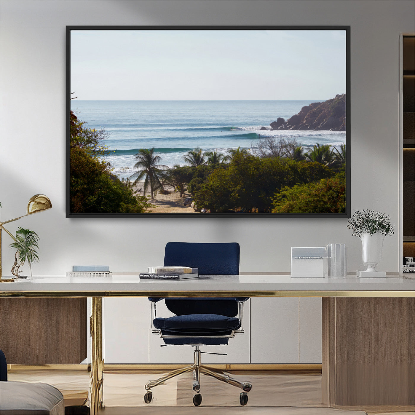 View of calm ocean waves with palm trees and a tropical coastline, ideal for coastal boho or beach-themed wall decor.