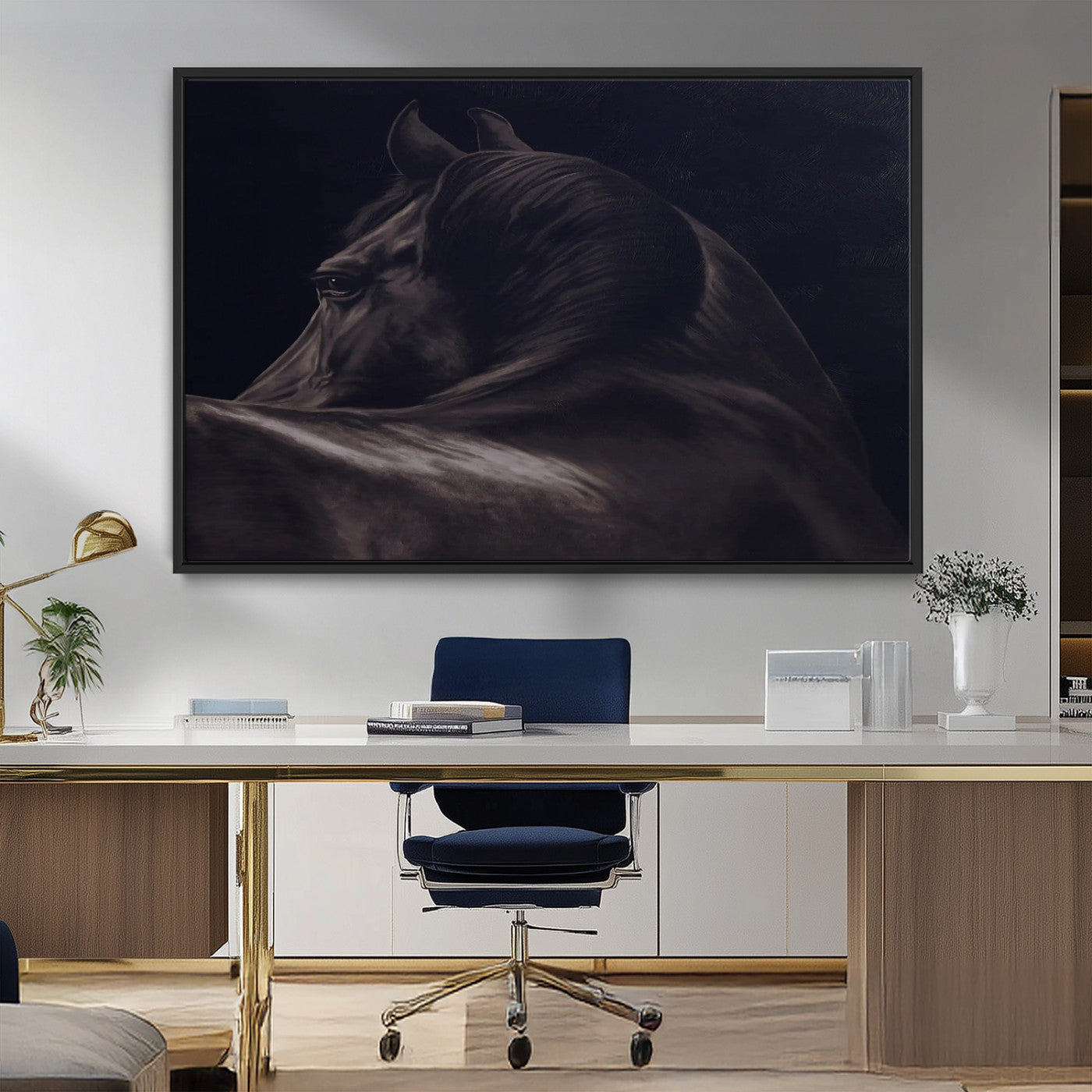 Close-up of a black horse with dramatic lighting on a dark background, perfect for rustic or masculine home decor.