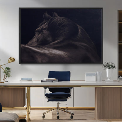 Close-up of a black horse with dramatic lighting on a dark background, perfect for rustic or masculine home decor.