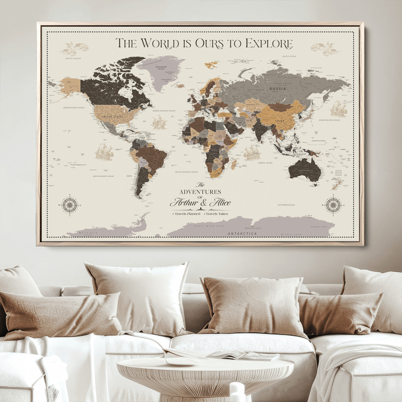 80998319-MGV-CV-36X24-Personalize World Map Push Pin Wall Canvas Print – Personalized Travel Tracker with Pins – Framed Large Multi-Size Canvas for Home Office Decor