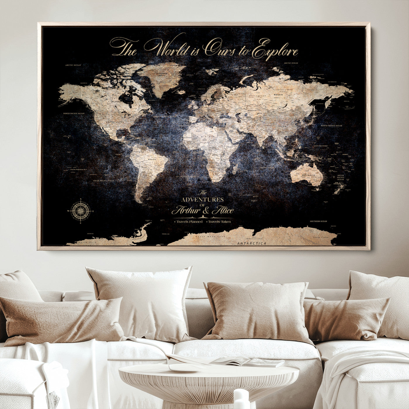 '-Customize Push Pin World Map Wall Canvas Print, Personalized Travel Tracker with Pins, Framed Large Canvas for Home Office Decor - H37