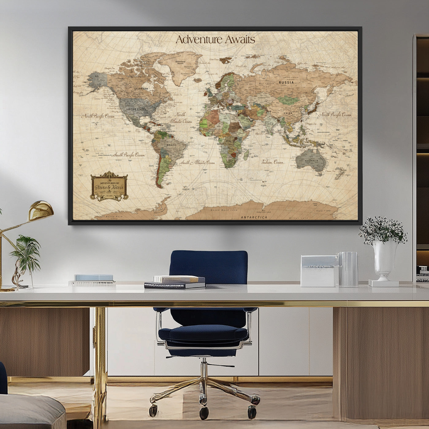 Custom Push Pin World Map Wall Canvas Print – Personalized Travel Tracker with Pins – Framed Custom Quotie Canvas for Home Office Decor
