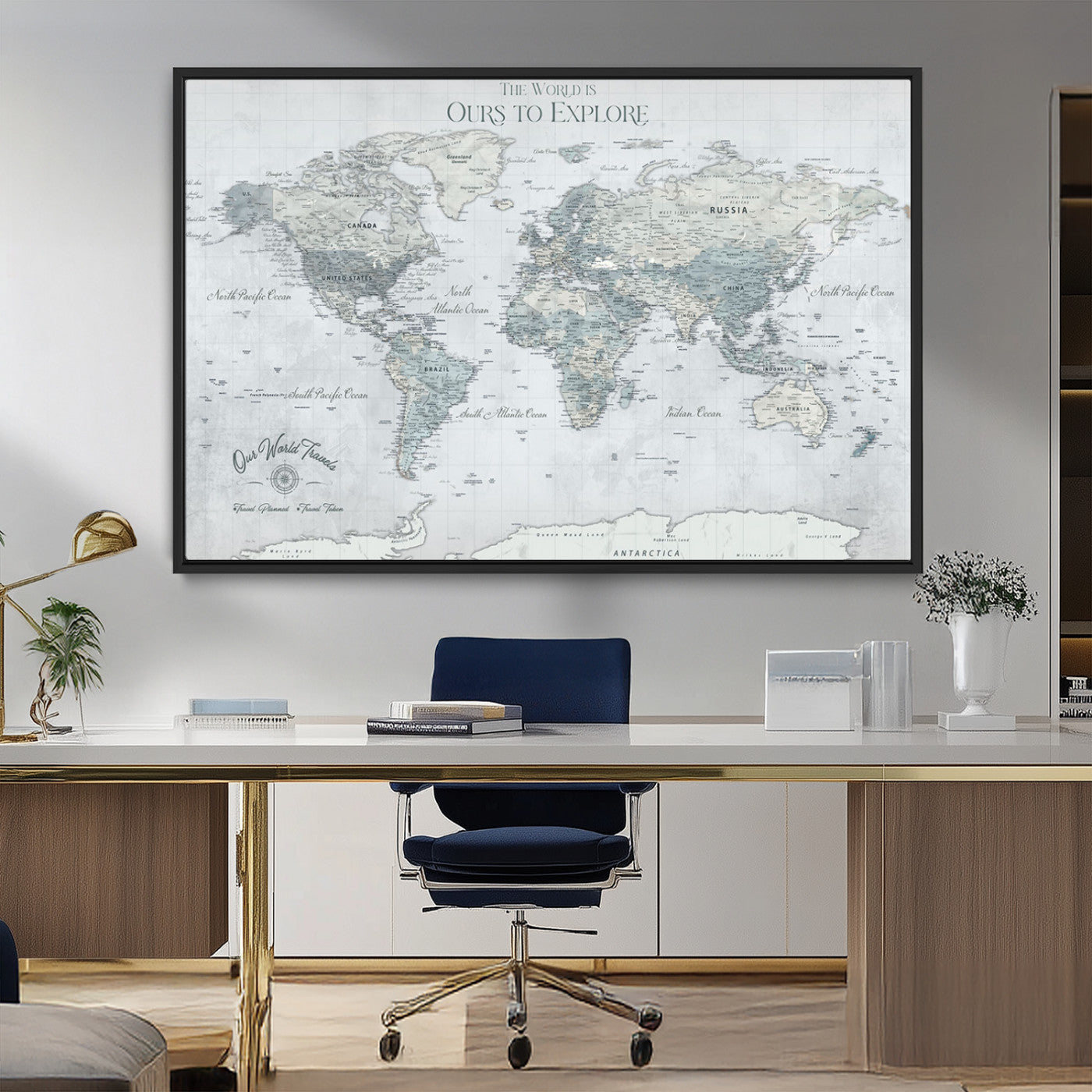 Custom Push Pin World Map Wall Canvas Print – Personalized Travel Tracker with Pins – Framed Custom Quotie Canvas for Home Office Decor