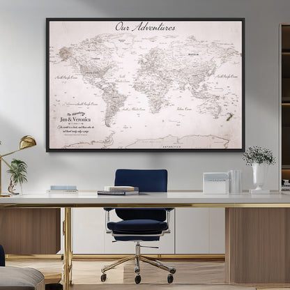 Customize Push Pin World Map Wall Canvas Print – Personalized Travel Map with Foam Pins – Framed Custom Quotie Canvas for Home Office Decor